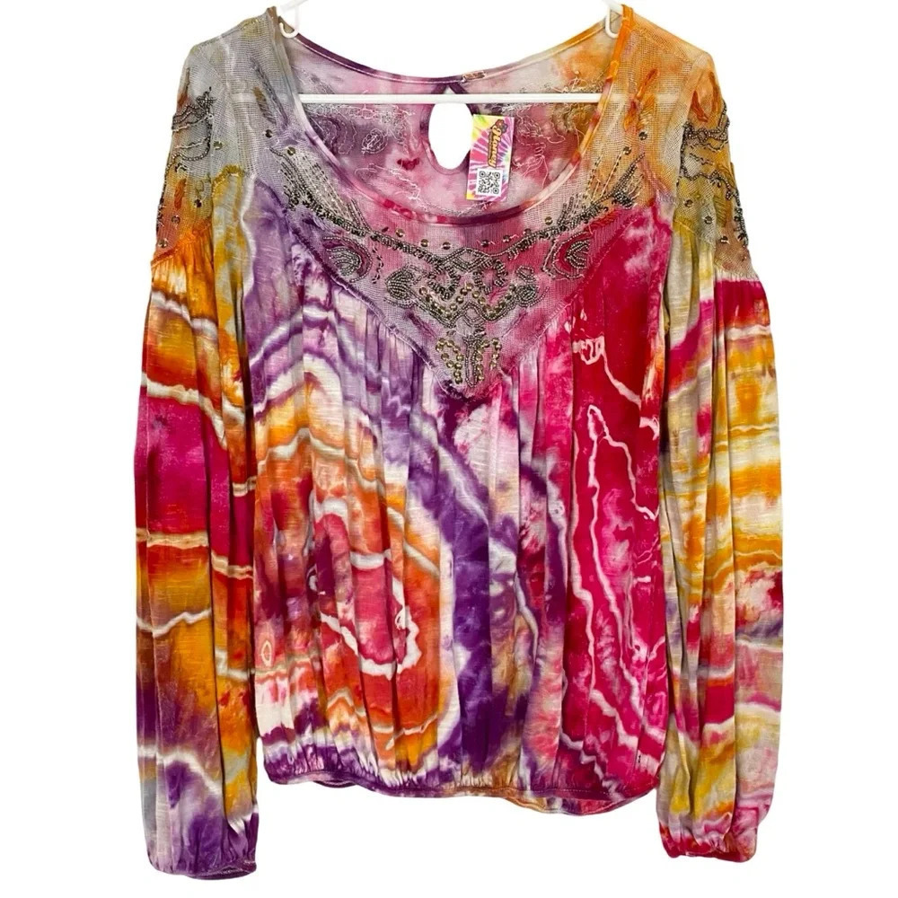 #791 FREE PEOPLE Multicolor Tie-Dye Beaded Long Sleeve Blouse